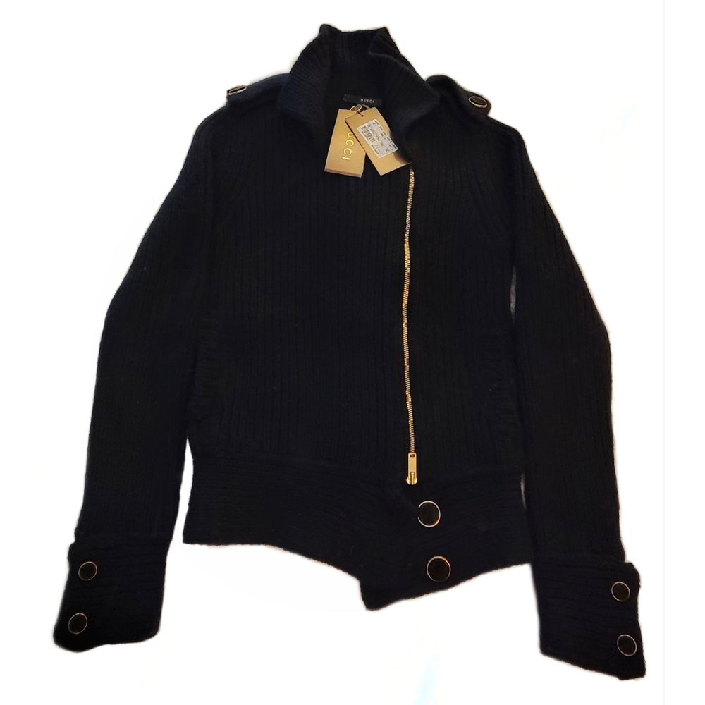 NWT Gucci Vintage Black Knit Cashmere Sweater Golden Zip Up Button Details XS - Picture 1 of 7